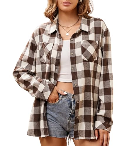 Alex Vando Damen Flanellhemd Kariertes Hemd Langarm Hemdbluse Button-Down Holzfällerhemd Regular Fit Casual Freizeithemd von Alex Vando