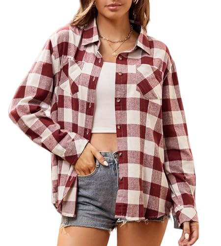 Alex Vando Damen Flanellhemd Kariertes Hemd Langarm Hemdbluse Button-Down Holzfällerhemd Regular Fit Casual Freizeithemd von Alex Vando
