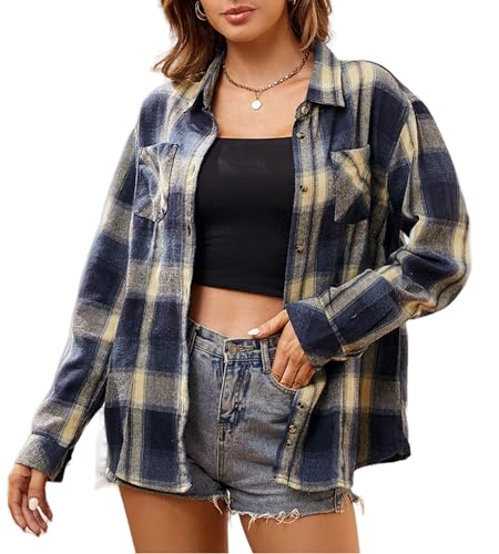 Alex Vando Damen Flanellhemd Kariertes Hemd Langarm Hemdbluse Button-Down Holzfällerhemd Regular Fit Casual Freizeithemd von Alex Vando