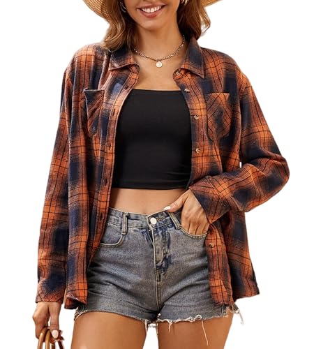 Alex Vando Damen Flanellhemd Kariertes Hemd Langarm Hemdbluse Button-Down Holzfällerhemd Regular Fit Casual Freizeithemd von Alex Vando