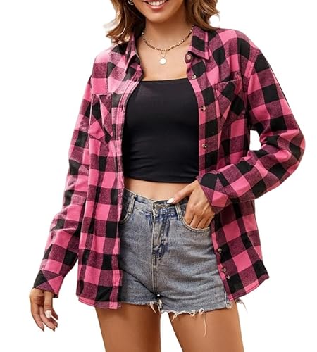 Alex Vando Damen Flanellhemd Kariertes Hemd Langarm Hemdbluse Button-Down Holzfällerhemd Regular Fit Casual Freizeithemd von Alex Vando