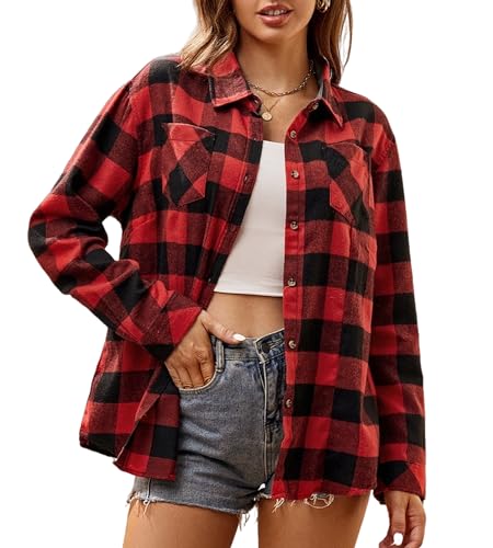 Alex Vando Damen Flanellhemd Kariertes Hemd Langarm Hemdbluse Button-Down Holzfällerhemd Regular Fit Casual Freizeithemd von Alex Vando