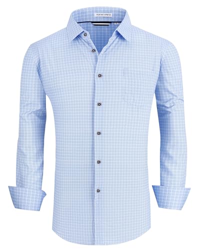 Alex Vando Herren Button-Down-Shirt, Kleidung Herren, knitterfrei, 4-Wege-Stretch-Druck, Business-Freizeithemd, 04 Lt Blue Plaid, L von Alex Vando