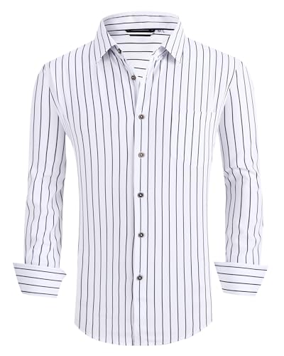 Alex Vando Herren Button-Down-Shirt, knitterfrei, 4-Wege-Stretch-Druck, Business-Freizeithemd, weiß gestreift, L von Alex Vando