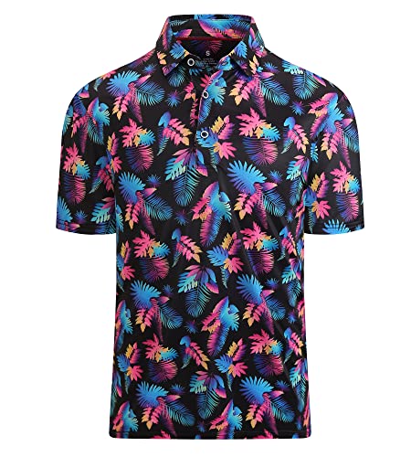 Alex Vando Herren Poloshirt Feuchtigkeitsableitend Kurzarm Atmungsaktiv Druck Golf Polo Shirt Schnelltrocknend Männer Polohemd, Black Leaf, XL von Alex Vando
