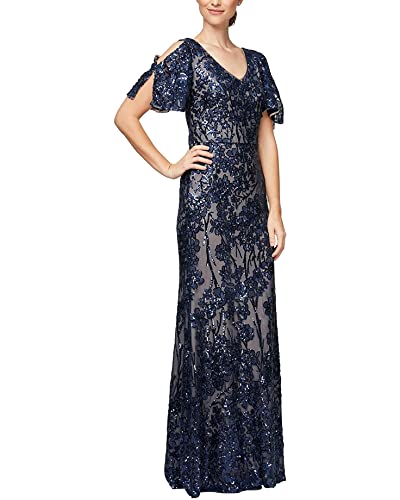 Alex Damen Long Mother of The Bride Sequin Dress with Cold Shoulder Flutter Sleeves (Petite and Regular Sizes) Formales Abendkleid, Marineblau/Nude Flatterärmel, 42 von Alex