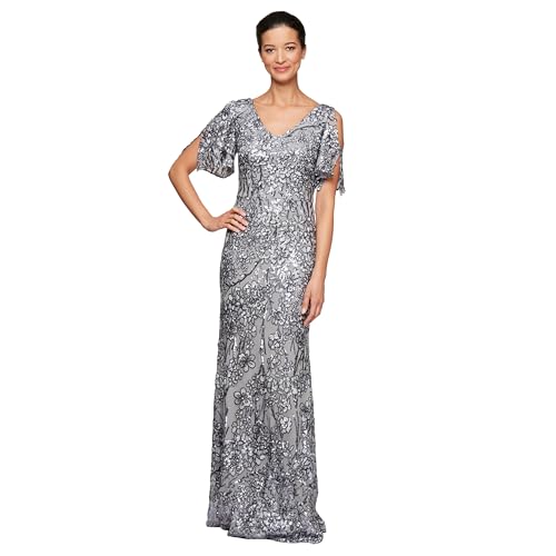 Alex Evenings Damen Langes Paillettenkleid für die Brautmutter mit Kalten Schultern, Flatterärmeln (Zierliche und Normale Größen) Formales Abendkleid, Silber, 38 von Alex