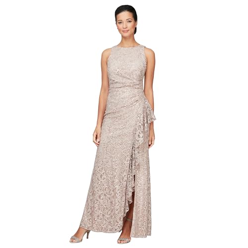 Alex Damen Long Sleeveless Mother of The Bride Dress W/Cascade Ruffle & Front Slit (Petite and Regular Sizes) Brautmutterkleid, Buff, 46 von Alex