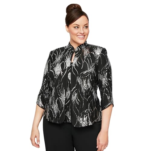 Alex Damen Plus Size Jacket and Scoop Tank Top Twinset Klassisches Hemd, Schwarz/Silber, 2X Alex Damen Plus Size Jacket and Scoop Tank Top Twinset Klassisches Hemd, Schwarz/Silber, 2X von Alex