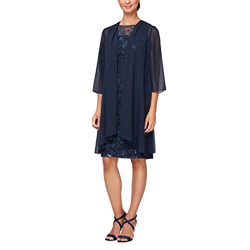 Alex Damen Short Embroidered Dress with Illusion Jacket Kleid für besondere Anlässe, Marineblau, 40 von Alex