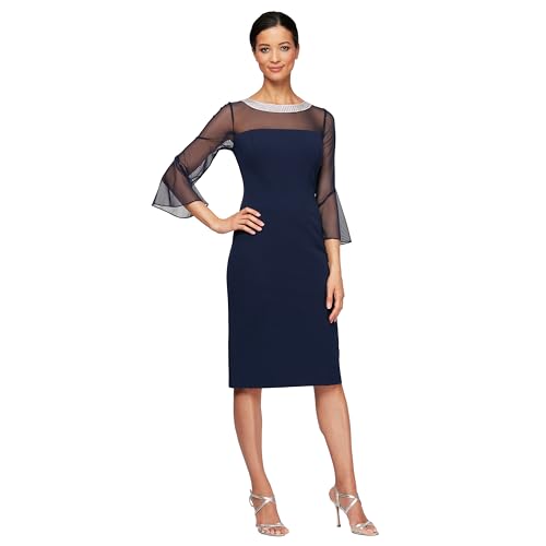 Alex Evenings Damen Kurzes Shift Verzierten Illusions-Details, Hochzeitsgast (Zierliche und Normale Größen) Cocktailkleid, Marineblau, 34 von Alex
