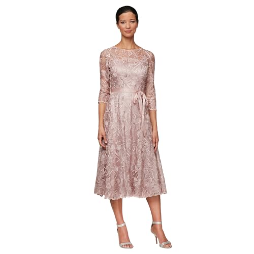 Alex Damen Tea Length Embroidered Dress Illusion Sleeves (Petite Missy) Kleid fr besondere Anlsse, Rose, 36 von Alex