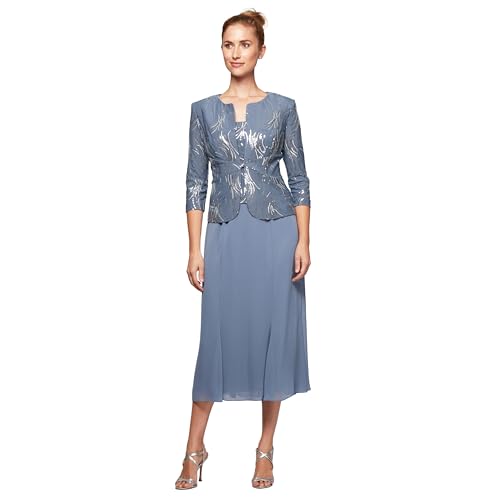 Alex Damen Tea Length Mock Jacket Dress with Button Front (Petite and Regular Sizes) Kleid fr besondere Anlsse, stahlblau, 40 Zierlich von Alex