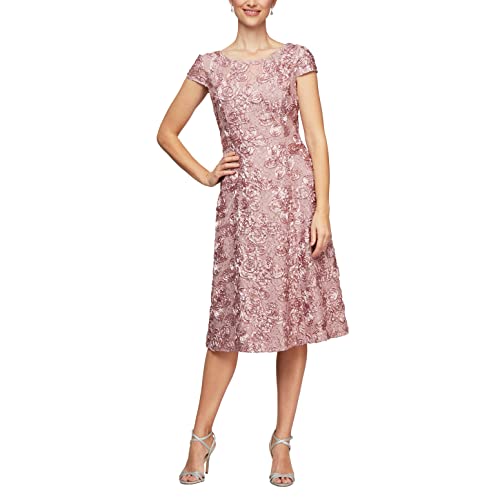 Alex Damen Tea Length Mother of The Bride Dress with Rosette Lace Detail (Petite and Regular Sizes) Kleid für besondere Anlässe, Rose, 44 von Alex