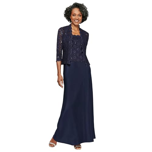 Alex Damen Two Piece Mother of The Bride Dress with Lace Jacket (Petite and Regular Sizes) Brautmutterkleid, Mitternacht/Ausflug, einfarbig (Midnight//Getaway Solids), 40 Zierlich (2er Pack) von Alex