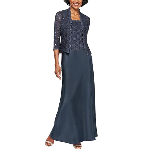 Alex Damen Two Piece Mother of The Bride Dress with Lace Jacket (Petite and Regular Sizes) Brautmutterkleid, Mitternacht/Ausflug, einfarbig (Midnight//Getaway Solids), 46 Zierlich (2er Pack) von Alex