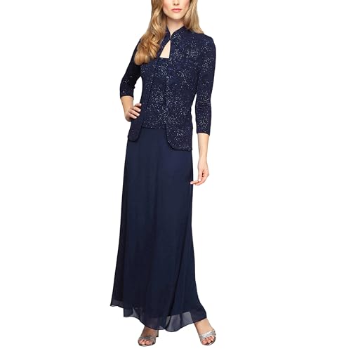 Alex Evenings Damen Jaquard Langes Mandarinen-Ausschnitt (Petite Regulular) Kleid für besondere Anlässe, Marineblau, 38 von Alex