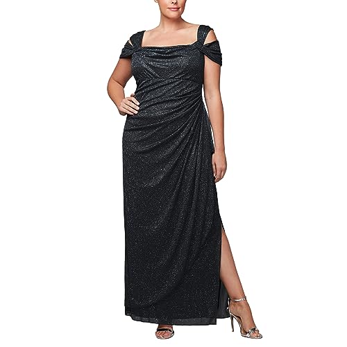 Alex Evenings Damen Plus Size Cold-Schulter Seite Rüschen Rock Kleid für besondere Anlässe, Schwarz Glitter, 46 (Übergröße) von Alex