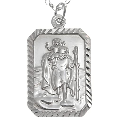 Alexander Castle Große rechteckiger 925 Sterling Silber Heiliger Christophorus Anhänger Halskette - 35mm x 18mm St Christopher mit 20" Sterling Silber Kette & Schmuck Geschenk-Box von Alexander Castle