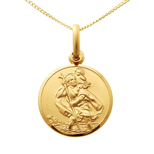 Alexander Castle Solide 9ct 375 Gold Heiliger Christophorus Anhänger Medaille Halskette für Kinder - 14mm - mit 18" 9ct 375 Gold Kette & Schmuck Geschenk-Box von Alexander Castle