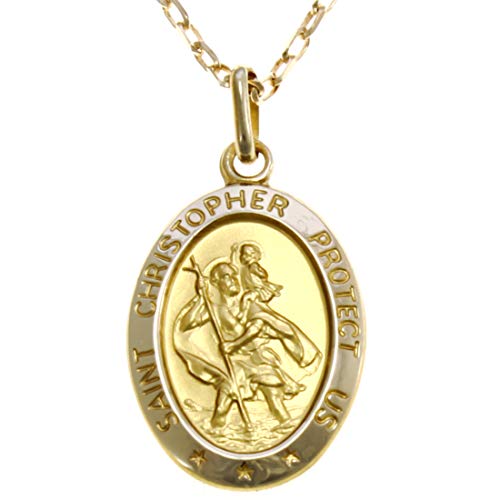 Alexander Castle Solide 9ct 375 Gold Heiliger Christophorus Anhänger Medaille Halskette - mit 18" 9ct 375 Gold Kette & Schmuck Geschenk-Box - 'SAINT CHRISTOPHER PROTECT US' Gravur von Alexander Castle