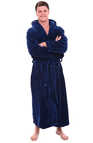 Alexander Del Rossa Herren-Bademantel aus weichem Plüsch-Fleece, mit Kapuze, lang, warm, Lounge-Bademantel mit Kapuze, Marineblau, Medium von Alexander Del Rossa