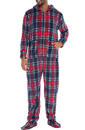 Alexander Del Rossa Herren Warm Fleece Einteiler Kapuze Fuß Pyjama Erwachsene Onesie mit Kapuze für Winter, Blaues Weihnachtsplaid mit Fuß, Medium von Alexander Del Rossa