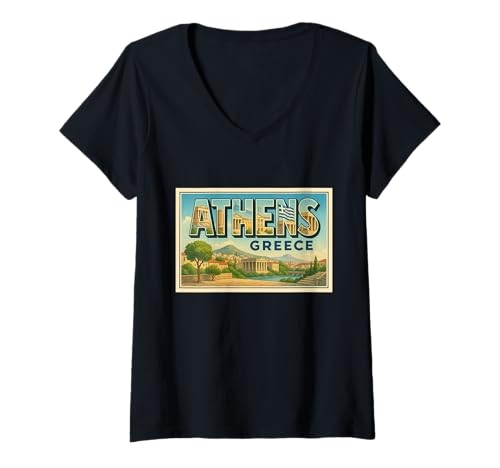 Damen Athen Griechenland 50er Jahre Vintage Trip Souvenir Poster Kunst Grafik T-Shirt mit V-Ausschnitt Damen Athen Griechenland 50er Jahre Vintage Trip Souvenir Poster Kunst Grafik T-Shirt mit V-Ausschnitt von Alexander's Greece Apparel and Design