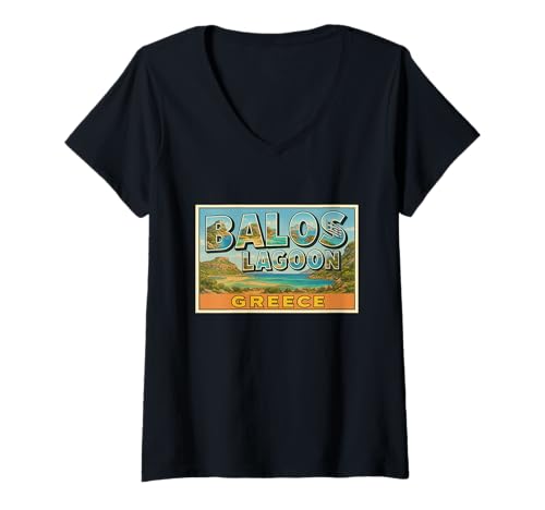 Damen Balos Lagoon Griechenland Vintage Trip Souvenir Poster Kunst Grafik T-Shirt mit V-Ausschnitt von Alexander's Greece Apparel and Design