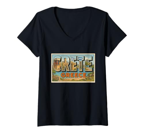 Damen Crete Griechenland 50er Jahre Vintage Trip Souvenir Poster Kunst Grafik T-Shirt mit V-Ausschnitt von Alexander's Greece Apparel and Design