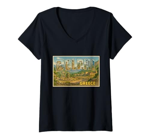 Damen Delphi Griechenland 50er Jahre Vintage Trip Souvenir Poster Kunst Grafik T-Shirt mit V-Ausschnitt Damen Delphi Griechenland 50er Jahre Vintage Trip Souvenir Poster Kunst Grafik T-Shirt mit V-Ausschnitt von Alexander's Greece Apparel and Design