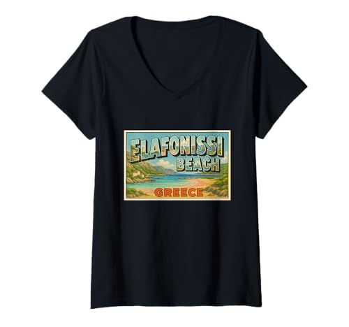Damen Elafonissi Strand Griechenland Vintage Reise Souvenir Kunst Grafik T-Shirt mit V-Ausschnitt Damen Elafonissi Strand Griechenland Vintage Reise Souvenir Kunst Grafik T-Shirt mit V-Ausschnitt von Alexander's Greece Apparel and Design