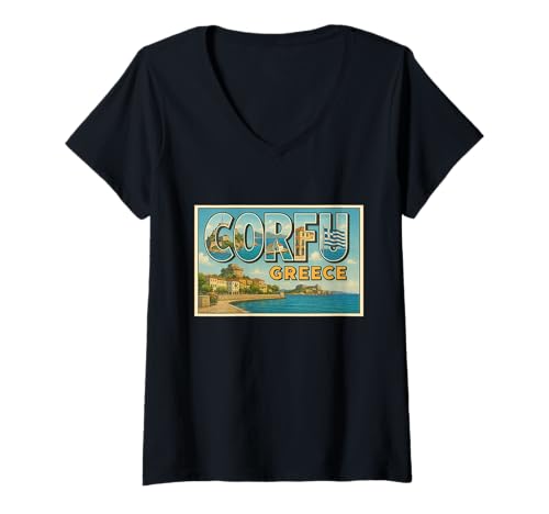 Damen Korfu Griechenland 50er Jahre Vintage Trip Souvenir Poster Kunst Grafik T-Shirt mit V-Ausschnitt Damen Korfu Griechenland 50er Jahre Vintage Trip Souvenir Poster Kunst Grafik T-Shirt mit V-Ausschnitt von Alexander's Greece Apparel and Design