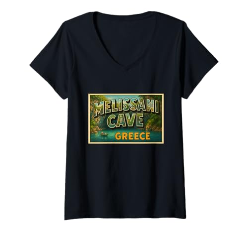 Damen Melissani Höhle Griechenland Vintage Reise Souvenir Post Art Grafik T-Shirt mit V-Ausschnitt Damen Melissani Höhle Griechenland Vintage Reise Souvenir Post Art Grafik T-Shirt mit V-Ausschnitt von Alexander's Greece Apparel and Design