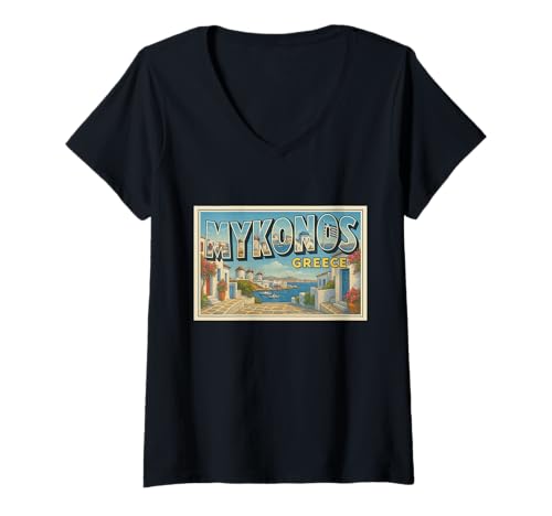 Damen Mykonos Griechenland 50er Jahre Vintage Trip Souvenir Poster Kunst Grafik T-Shirt mit V-Ausschnitt von Alexander's Greece Apparel and Design