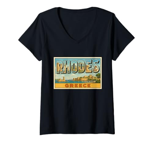 Damen Rhodes Griechenland 50er Jahre Vintage Trip Souvenir Poster Kunst Grafik T-Shirt mit V-Ausschnitt Damen Rhodes Griechenland 50er Jahre Vintage Trip Souvenir Poster Kunst Grafik T-Shirt mit V-Ausschnitt von Alexander's Greece Apparel and Design