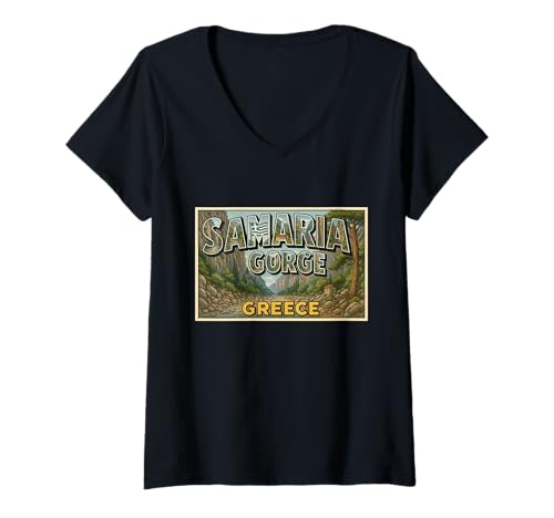 Damen Samaria Gorge Griechenland Vintage Trip Souvenir Post Art Grafik T-Shirt mit V-Ausschnitt von Alexander's Greece Apparel and Design