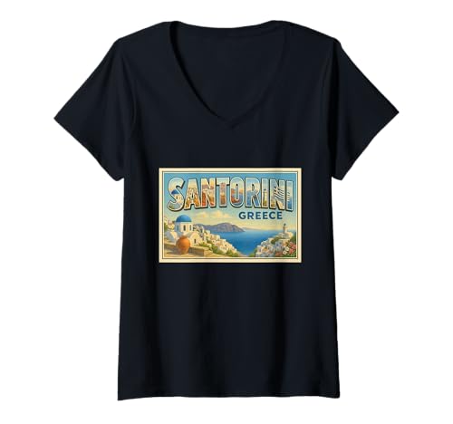 Damen Santorini Griechenland Vintage Trip Souvenir Poster Kunst Grafik T-Shirt mit V-Ausschnitt Damen Santorini Griechenland Vintage Trip Souvenir Poster Kunst Grafik T-Shirt mit V-Ausschnitt von Alexander's Greece Apparel and Design