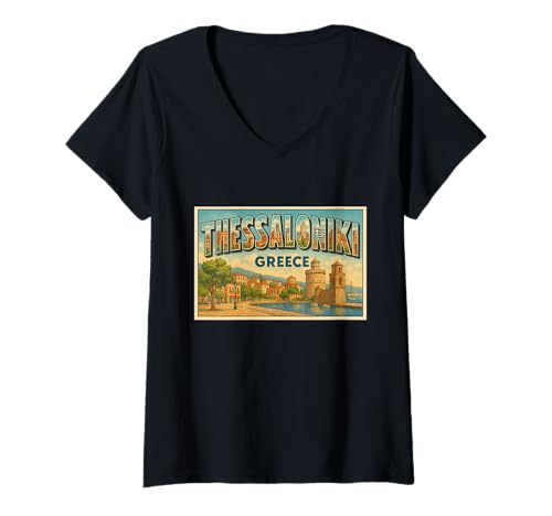 Damen Thessaloniki Griechenland Vintage Trip Souvenir Poster Kunst Grafik T-Shirt mit V-Ausschnitt Damen Thessaloniki Griechenland Vintage Trip Souvenir Poster Kunst Grafik T-Shirt mit V-Ausschnitt von Alexander's Greece Apparel and Design