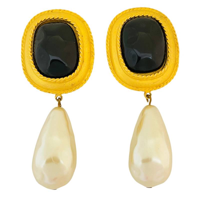 Vintage Ann Taylor Gold Schwarz Glastropfen Perlen Clip Auf Designer Ohrringe von AlexandersBoutiqueUS