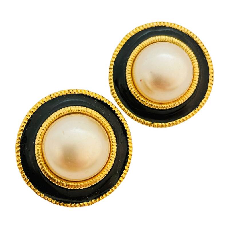 Vintage Gold Emaille Perle Designer Landebahn Pierced Ohrringe von AlexandersBoutiqueUS