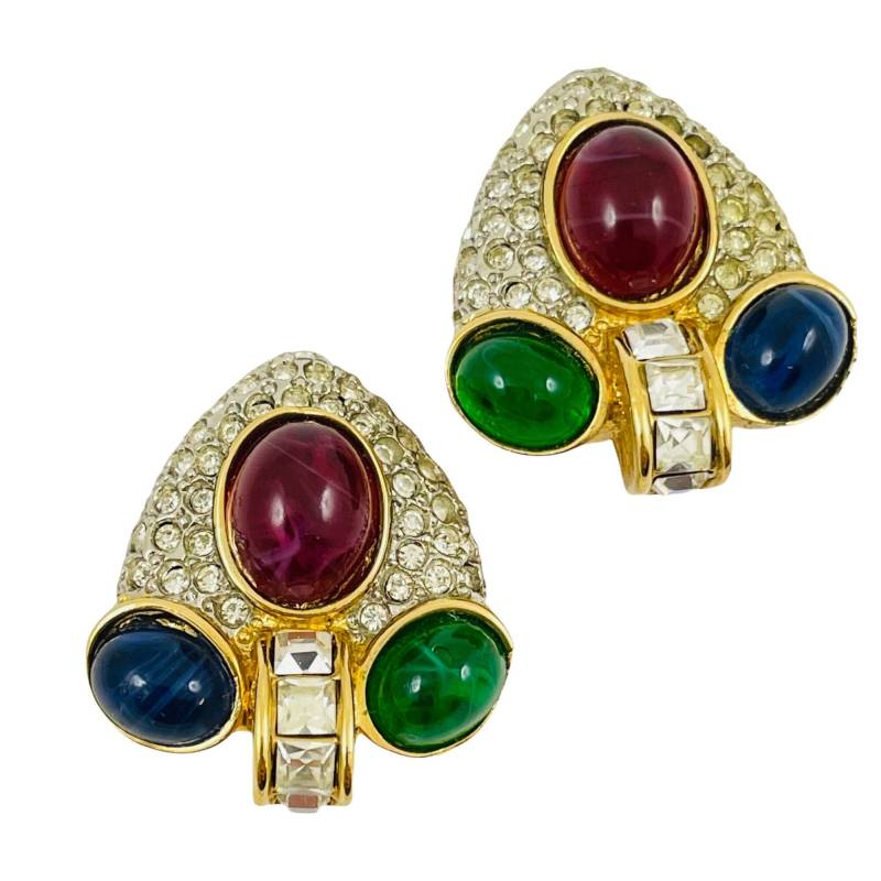 Vintage Gold Rubin Saphir Smaragd Glas Cabochon Strass Designer Start - Und Landebahn Ohrclips von AlexandersBoutiqueUS