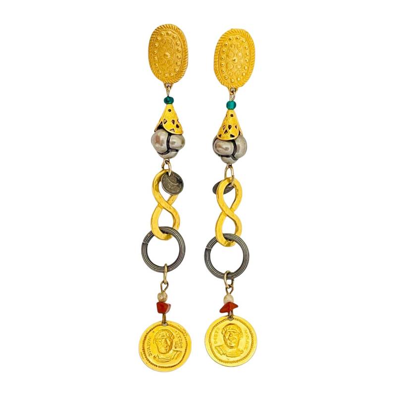 Vintage Gold Silber Münze Etruscan Baumeln Designer Landebahn Pierced Ohrringe von AlexandersBoutiqueUS