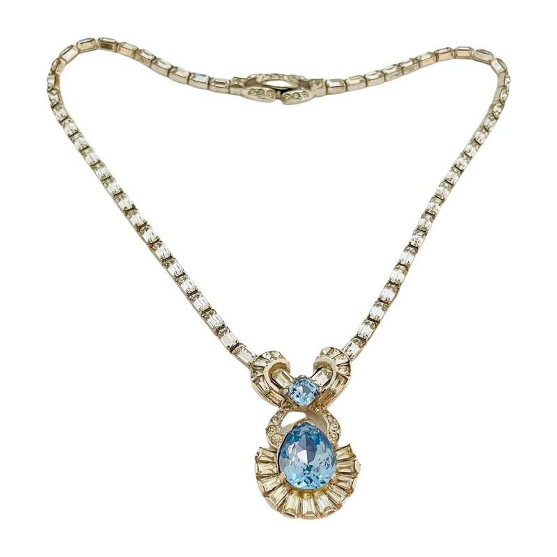 Vintage Mazer Bros. Signiert Silberfarben Blau Strass Designer Halskette von AlexandersBoutiqueUS