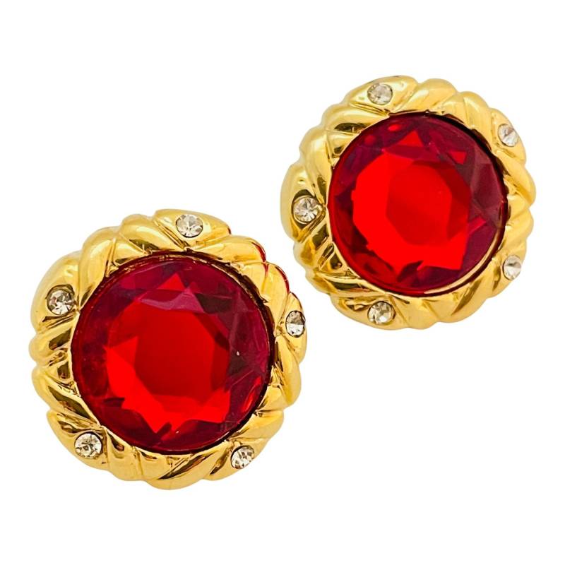 Vintage Rote Glas Strass Gold Designer Startbahn Pierced Ohrringe von AlexandersBoutiqueUS