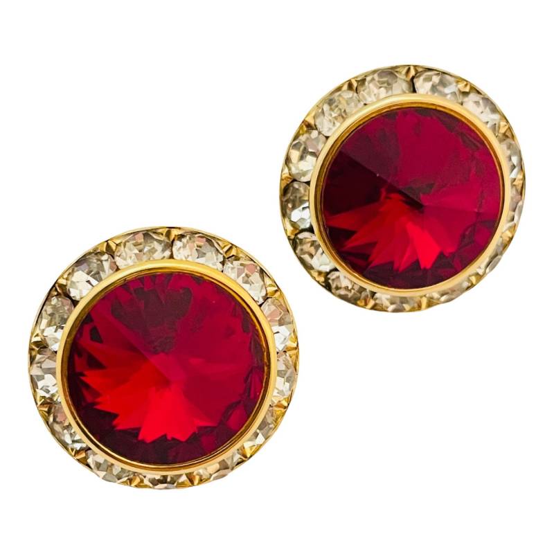 Vintage Rote Glas Strass Gold Designer Startbahn Pierced Ohrringe von AlexandersBoutiqueUS