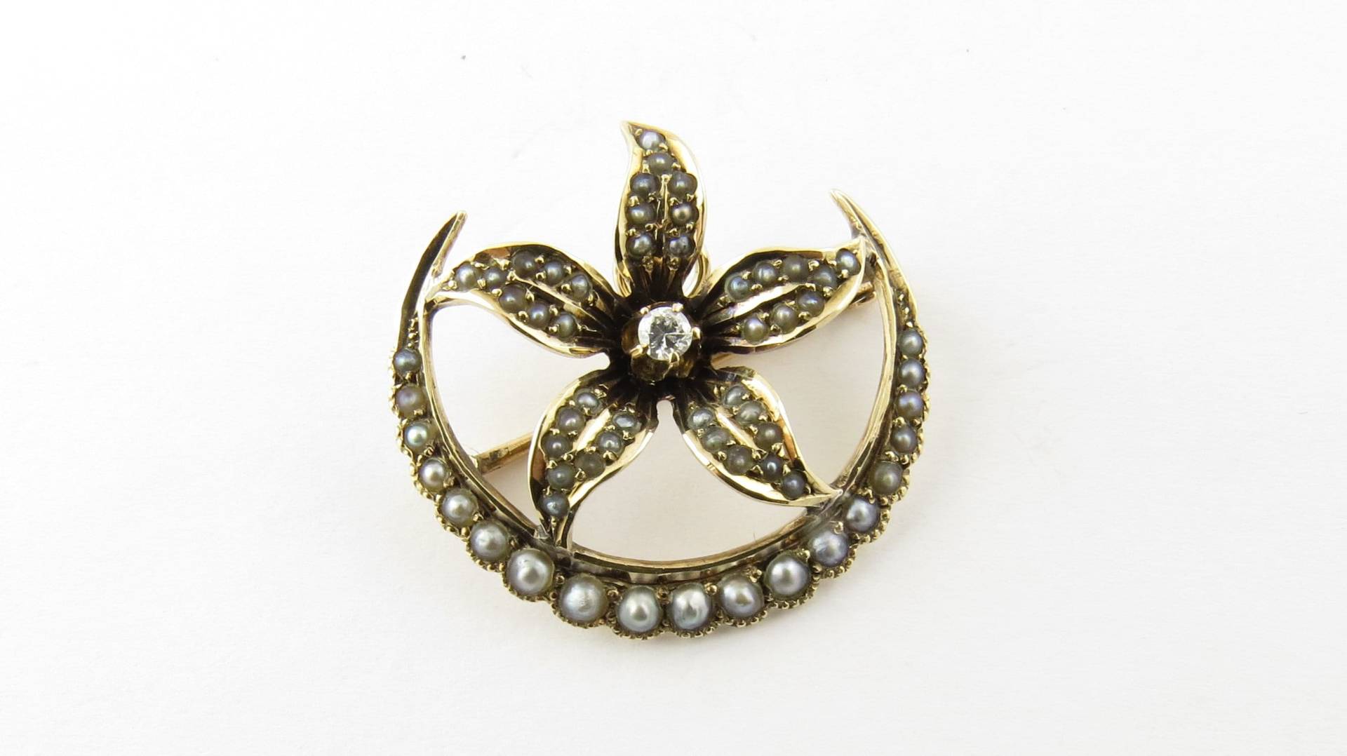 Vintage 10 Karat Gelbgold Saatperle Und Diamant Brosche #4367 von AlexandraGroup