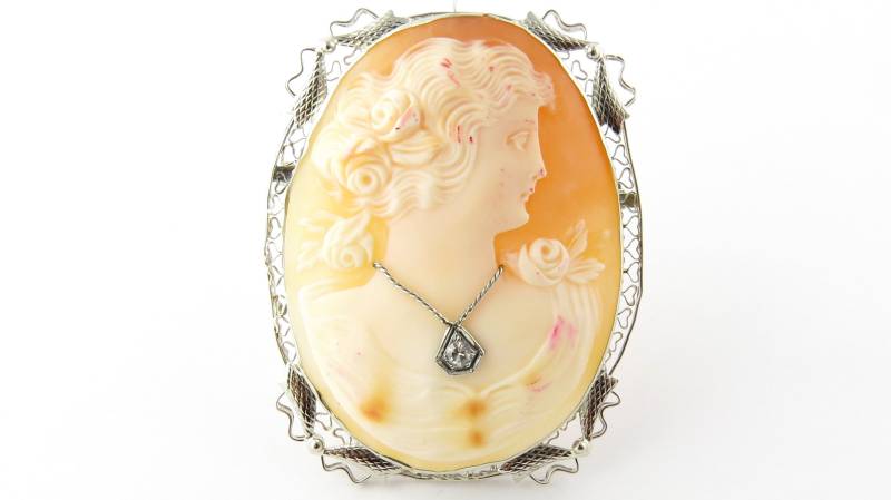 Vintage 10 Karat Weißgold Und Diamant Cameo Anhänger #3279 von AlexandraGroup