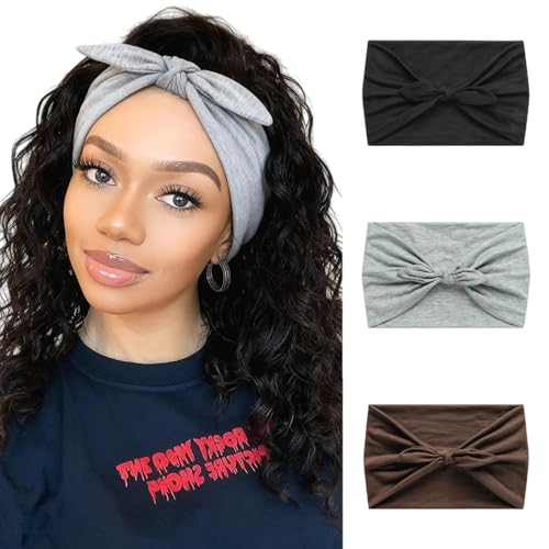 Alexis Leroy 3 Stück Damen Breite Stirnbänder Einfarbiges Elastische Weiche Haarband Schwarz/Hellgrau/Dunkelbraun von Alexis Leroy