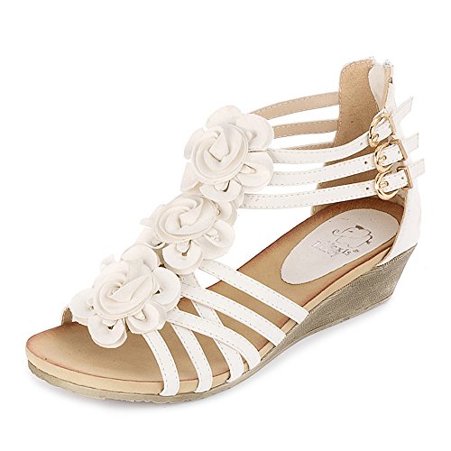 Alexis Leroy Blumen T-Spangen Damen Römersandalen Sandalen mit Keilabsatz Weiß 36 EU / 3 UK von Alexis Leroy